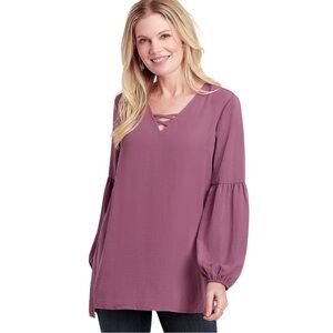 Maurices Mauve Pink Lantern Sleeve Lattice Neck Blouse Size Large